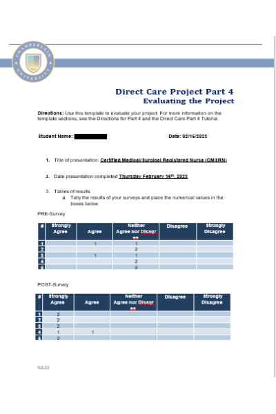 NR 447 Week 6 Check-In Direct Care Project Part 2; Evaluating the Project (Collection)